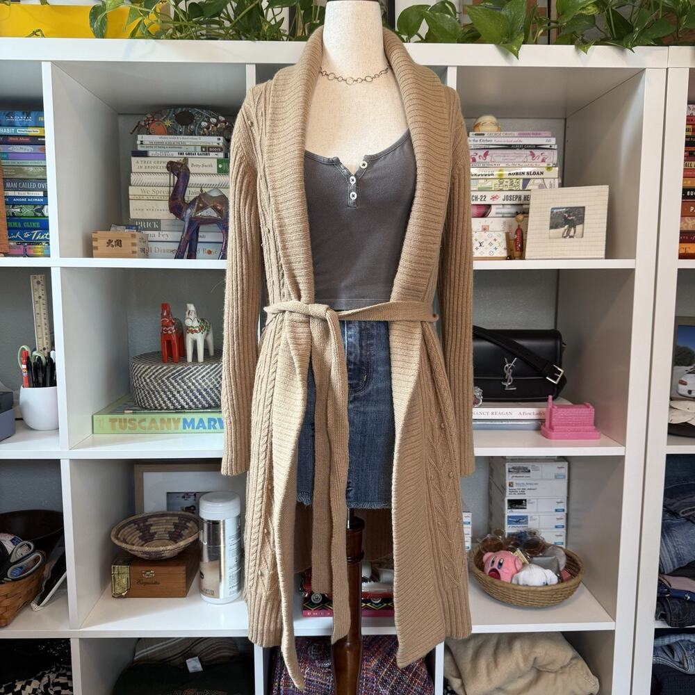 Ann Taylor Wool Shawl Collar Belted Cable Knit Duster Long Cardigan Tan Sz M